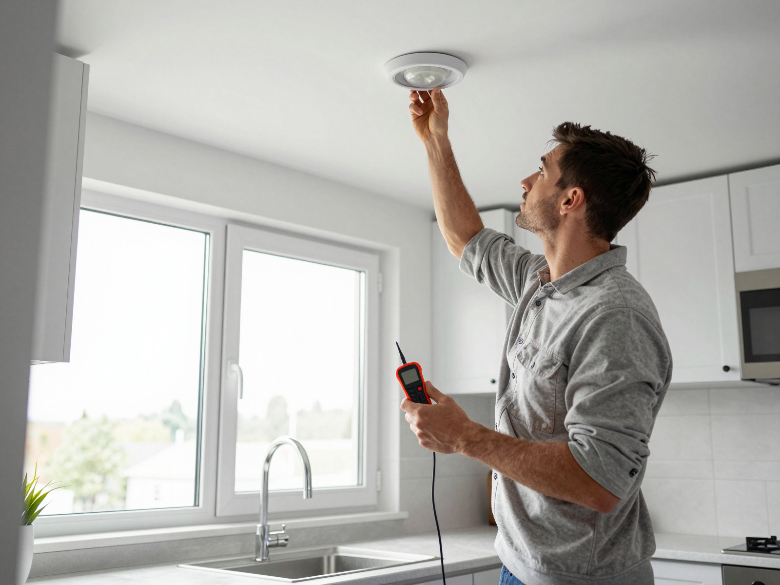 Electrician installing recessed lighting in modern kitchen