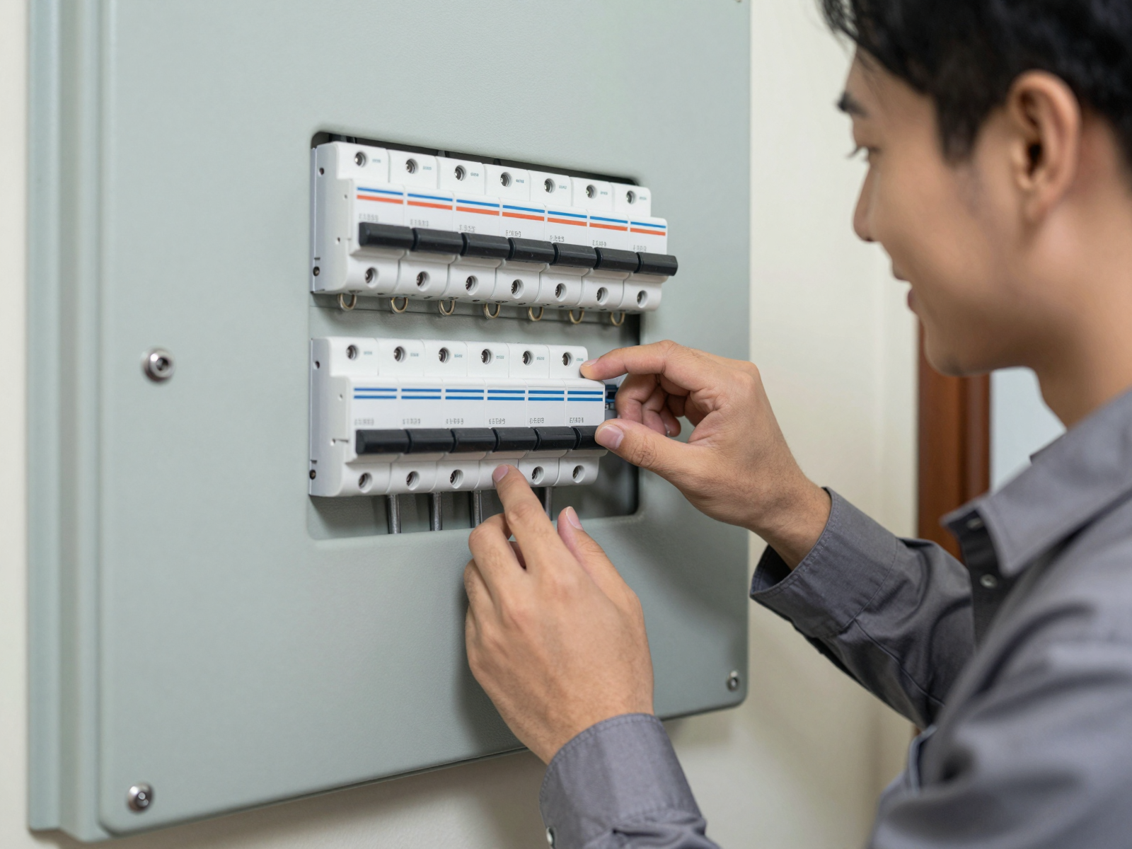 Modern electrical panel with labeled circuit breakers